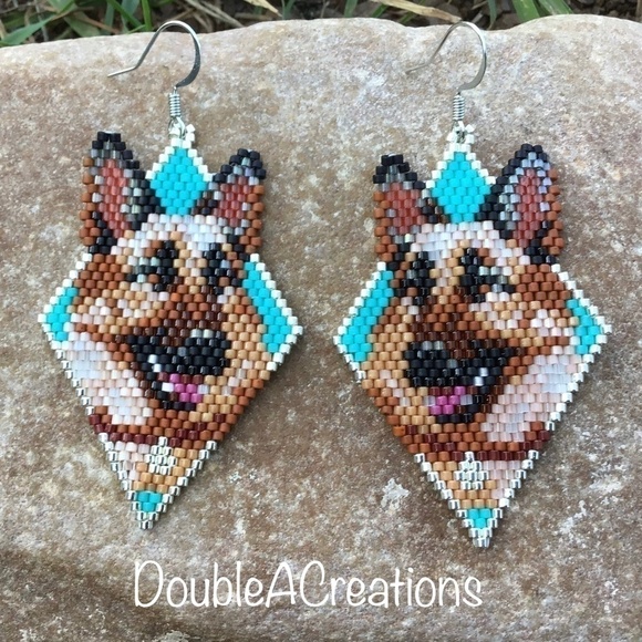 German Shepard Beaded Earrings, New, Handmade by Me - Picture 1 of 9
